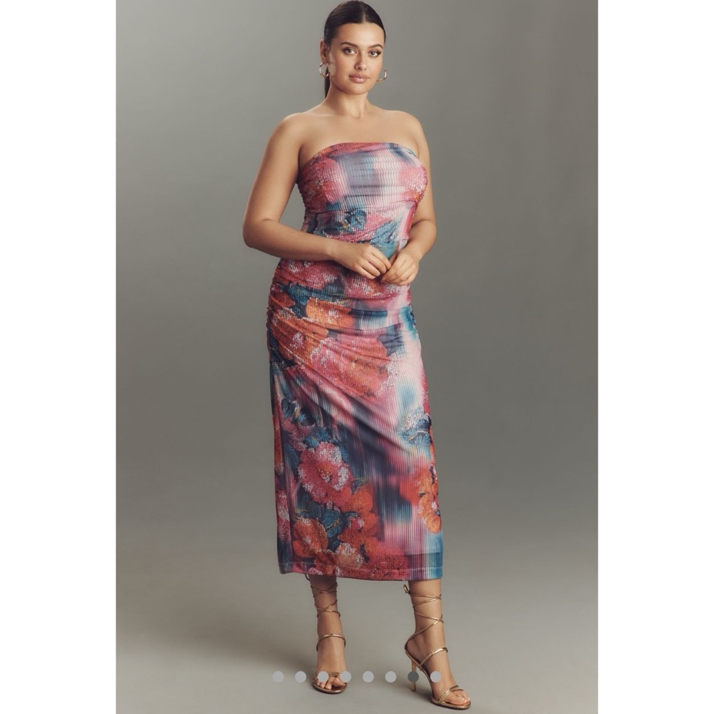 Anthropologie Soleil Slim Strapless Dress Ruched Mesh Midi Pink NWT Sz XL